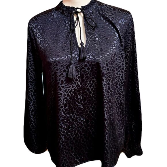 Liverpool Los Angeles Navy Jacquard Animal Print Peasant Blouse, Sz. M, EUC - Picture 1 of 9
